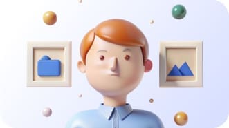 3D illustration of a person with light brown hair, wearing a blue shirt, standing in front of a blue gradient background with floating spheres and two framed icons on the wall.