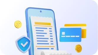 A smartphone displays a digital receipt, surrounded by a credit card, coins, a shield with a check mark, and paper receipts, representing digital payments and financial security.