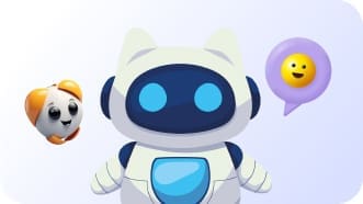 A cartoon robot with blue eyes stands in the center, accompanied by a small orange-and-white character and a purple speech bubble with a smiling emoji.