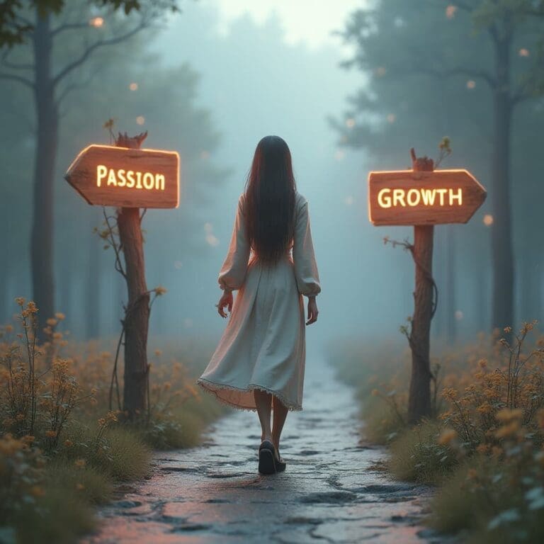 A woman in a white dress walks down a path in a misty forest, approaching two signposts labeled "Passion" and "Growth" pointing in opposite directions.