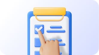 An illustrated hand taps a checkmark box on a blue and white clipboard with a yellow clip, against a pale gradient background.