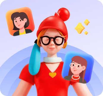 3D illustration of a person in red with glasses and a hat, surrounded by two cartoon profile icons and yellow sparkles on a purple background.