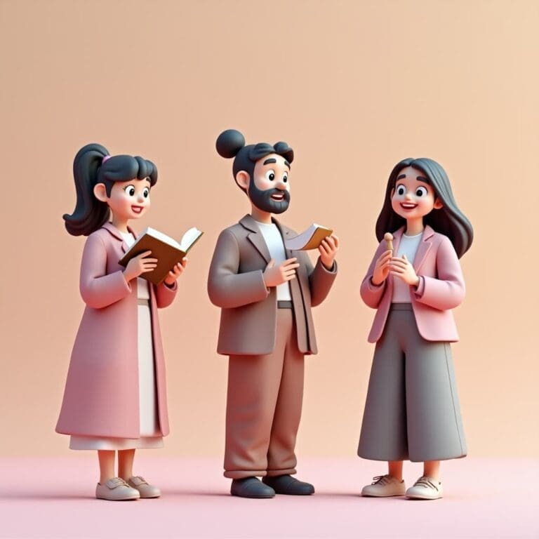 Three cartoon-style characters stand together, each holding a book or notebook, dressed in pastel clothing, against a soft pink background.