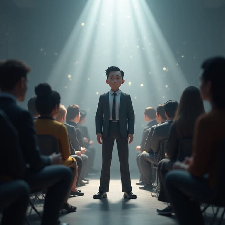 A person in a suit stands in a spotlight at the center of a room, surrounded by seated people facing them, creating a dramatic atmosphere.