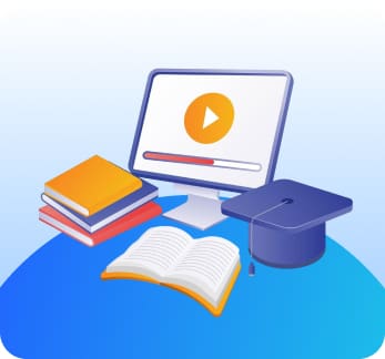 A computer screen displays a video play icon next to stacked books, an open book, and a graduation cap on a blue surface.