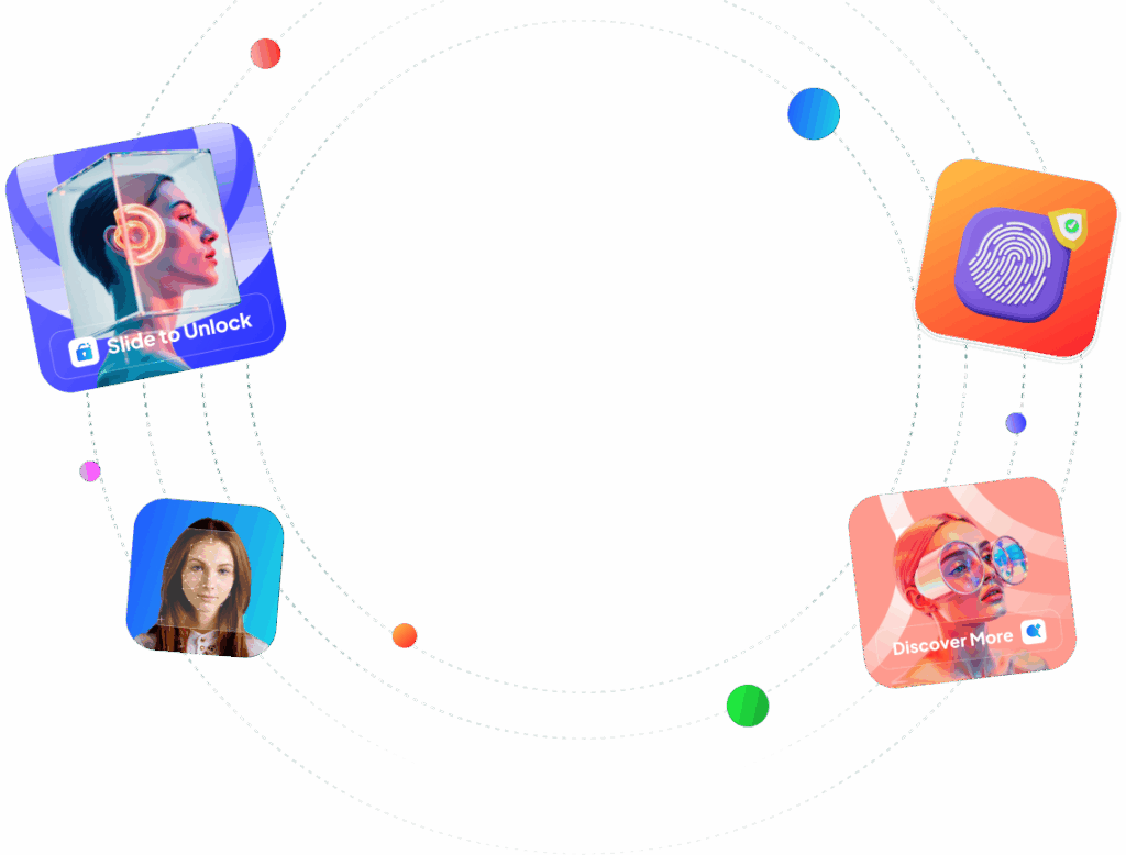 Illustration of four app icons with graphics linked by dotted circular lines and colorful dots on a black background.