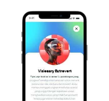 A smartphone screen displays a profile section labeled "Visionary Extrovert" with a portrait of a person wearing futuristic eyewear above descriptive text.