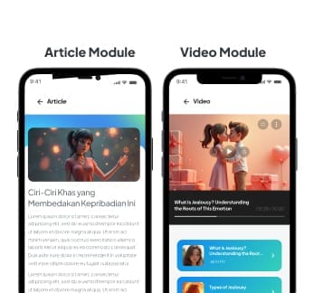 Two smartphone screens display an article module on the left and a video module on the right, each showing related content about emotions and relationships.