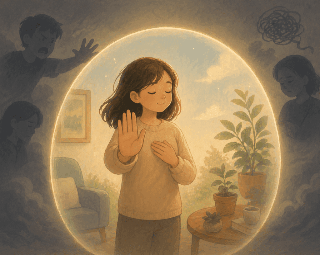 A girl stands calmly with one hand on her chest and the other raised in a stopping gesture, surrounded by a glowing circle; outside the circle are darker, anxious figures - How to Heal Childhood Trauma (Without Reliving It)