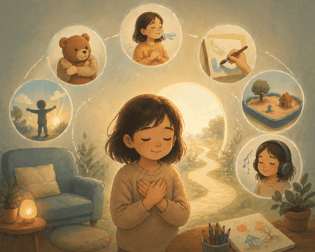 A young girl sits with hands on her chest, eyes closed, surrounded by illustrations of drawing, music, a teddy bear, and outdoor scenes, symbolizing mindfulness and self-care activities - How to Heal Childhood Trauma (Without Reliving It)