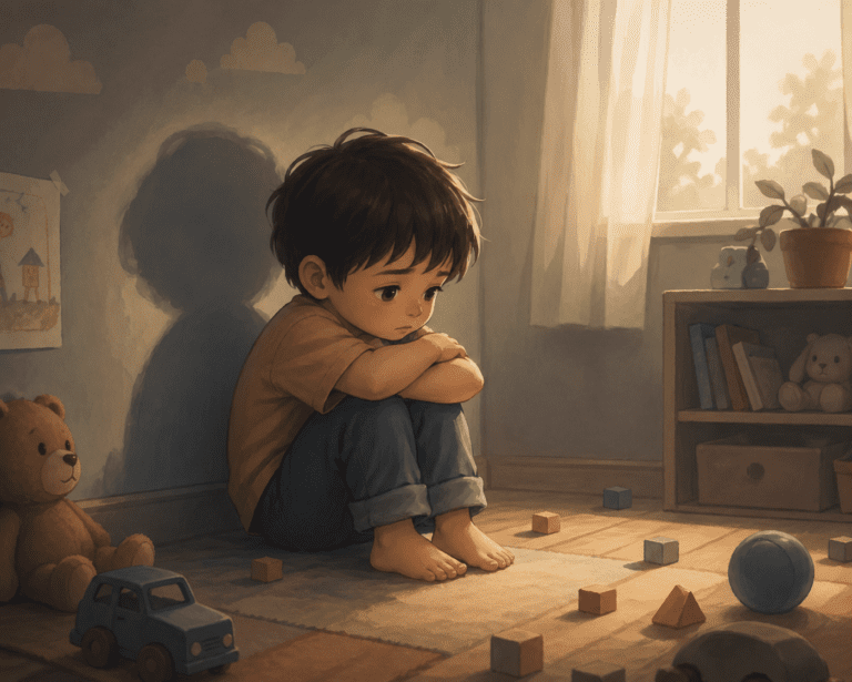 A young boy sits on the floor with his arms around his knees, looking sad, surrounded by toys in a softly lit room with a window and bookshelf - How to Heal Childhood Trauma (Without Reliving It)