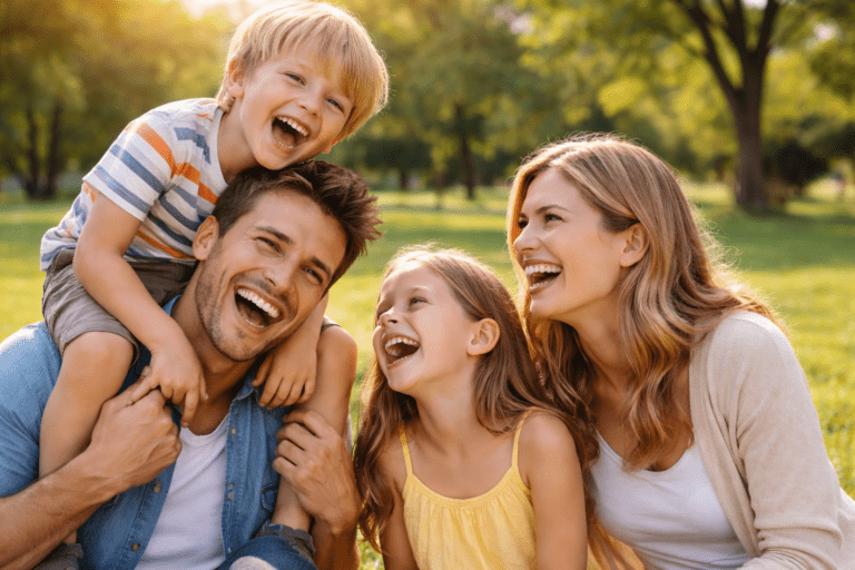 A family of four sits on grass in a park, smiling and laughing together on a sunny day. The father holds a young boy on his shoulders, and the mother sits beside a young girl - Parenting affects child development