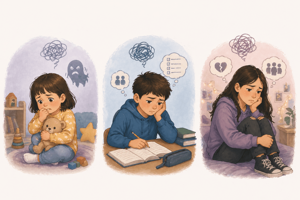 Three children display child anxiety symptoms: a young girl clutching a stuffed toy, a boy struggling with homework, and an older girl sitting sadly—each with worried doodles above their heads.