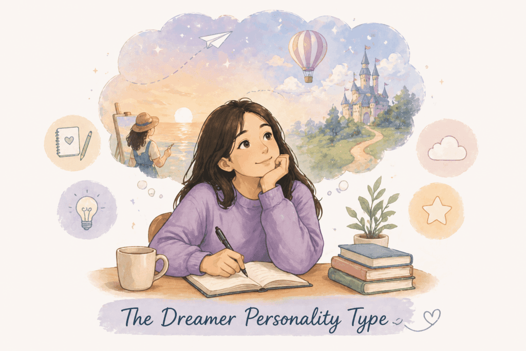 A young woman writes in a notebook, surrounded by books, a mug, and a plant, imagining creative scenes like a castle, hot air balloon, and beach. Text: "The Dreamer Personality Type—where every leader's vision begins.