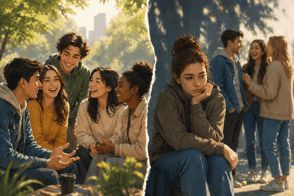 A group of friends laughing together on the left shows connection; on the right, a girl sits alone and looks sad, highlighting how personality control can impact social interactions while others talk in the background.