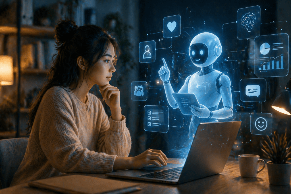 A woman sits at a desk with a laptop, interacting with a holographic robot displaying digital icons for data, communication, and Personality Control.