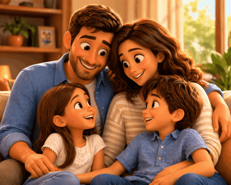 A smiling animated family of four sits closely together on a couch, as parents look at their two children in a warmly lit living room—an ideal setting to explore how to choose a parenting style that fits your child.