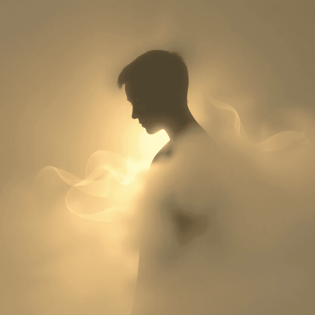 Silhouette of a person standing in soft yellow light, surrounded by mist or smoke, with gentle glowing swirls around them.