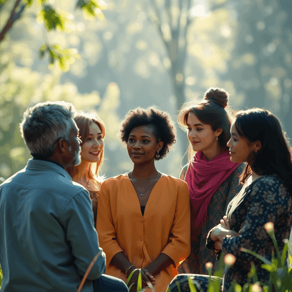 A group of five people stand together outdoors in a sunlit, green, natural setting, engaged in conversation - How Personality Control Influences Your Life More Than You Realize