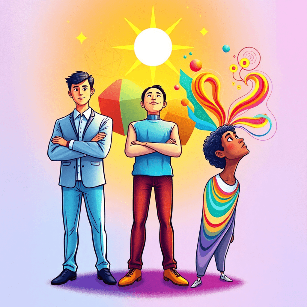 Three people stand side by side under a bright sun, each dressed differently, with colorful abstract shapes surrounding them against a light background.