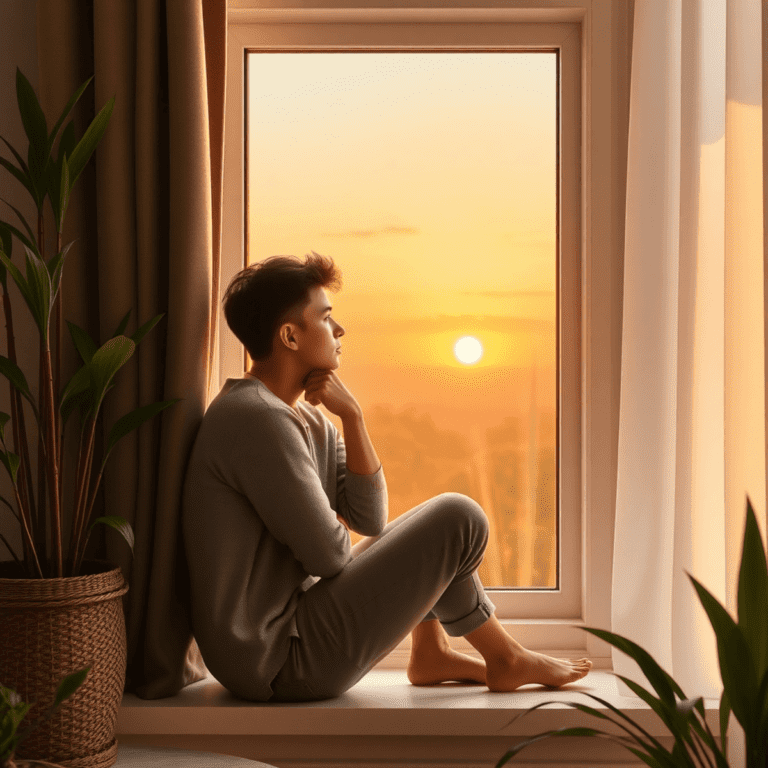 Young adult sitting at a cozy window seat, gazing at a sunrise with soft light and indoor plants, evoking reflection and hope - The Quarter Life Crisis Checklist: 10 Signs + Fixes