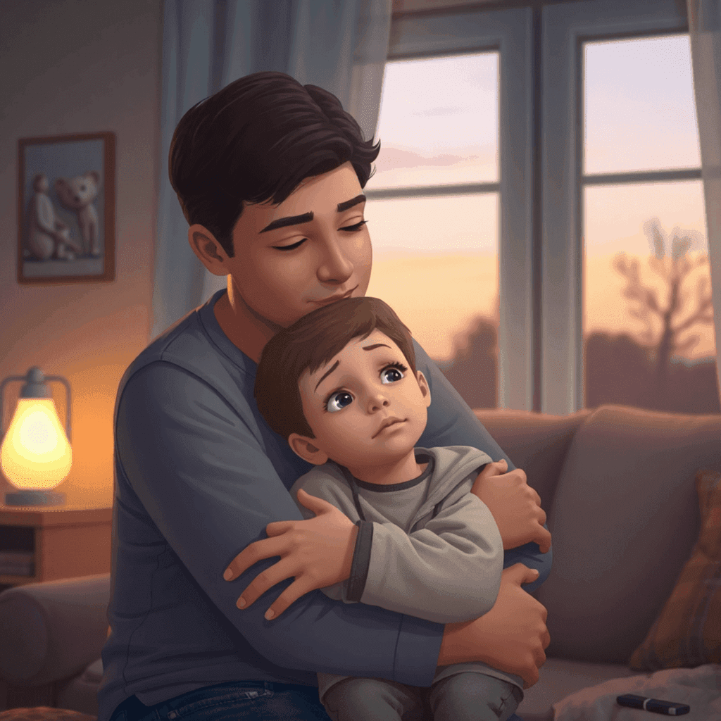 A man hugs a young boy on a couch in a warmly lit living room at sunset, both with thoughtful expressions, reflecting on child anxiety symptoms.