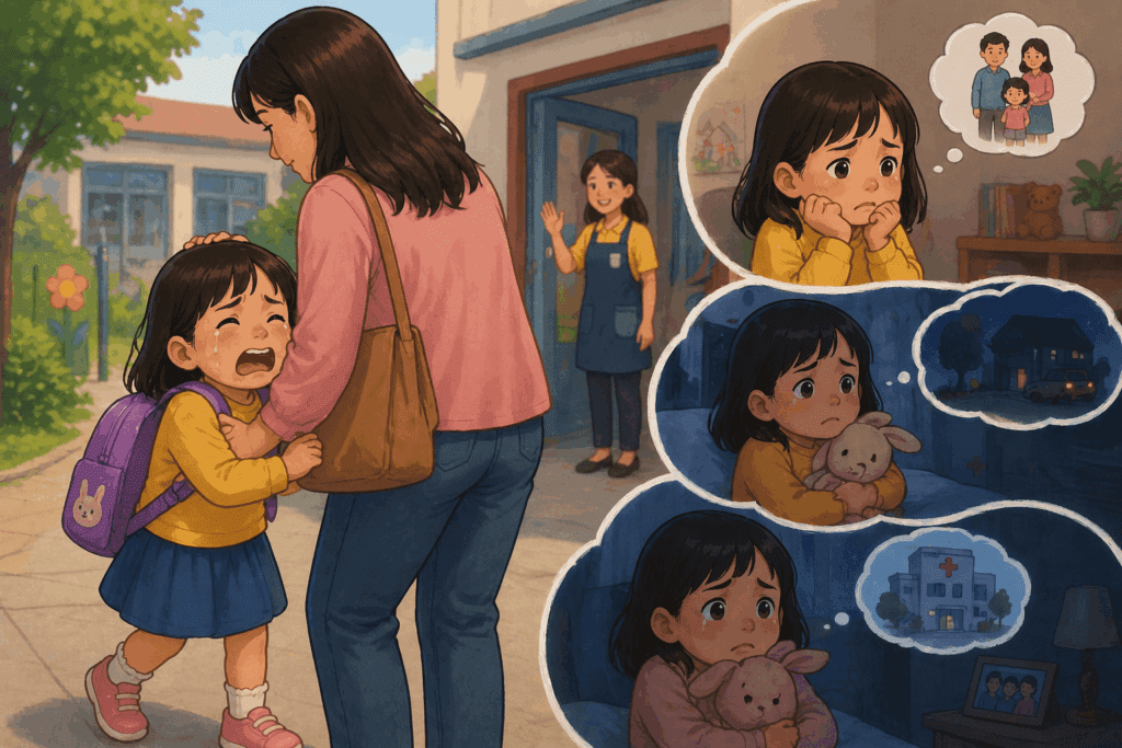 A young girl shows child anxiety symptoms as she cries and clings to her mother at school drop-off while a teacher watches; thought bubbles reveal her fears of family separation, nighttime, and a hospital visit.