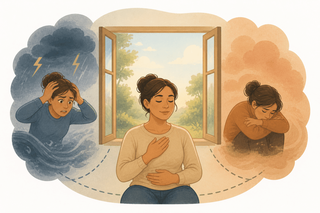 A woman sits calmly by an open window, with scenes of anxiety (storm clouds, lightning) and sadness (curled up, head down) on either side, symbolizing emotional regulation - Respectful Parenting Scripts for Hard Moments: The Complete Guide