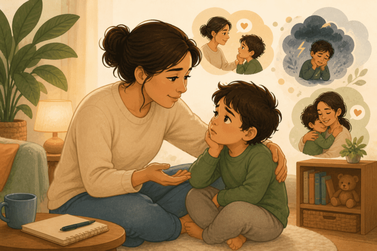A woman sits on the floor comforting a sad child, with thought bubbles showing comforting, hugging, and a storm to represent discussing emotions - Respectful Parenting Scripts for Hard Moments: The Complete Guide