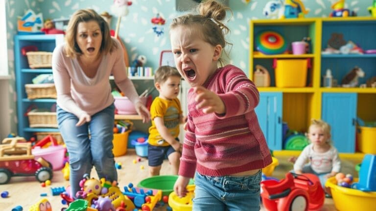 A young girl shouting in a colorful playroom, with toys scattered on the floor; an adult woman and other children are present, and the woman appears concerned - How to Handle Tantrums When Nothing Works