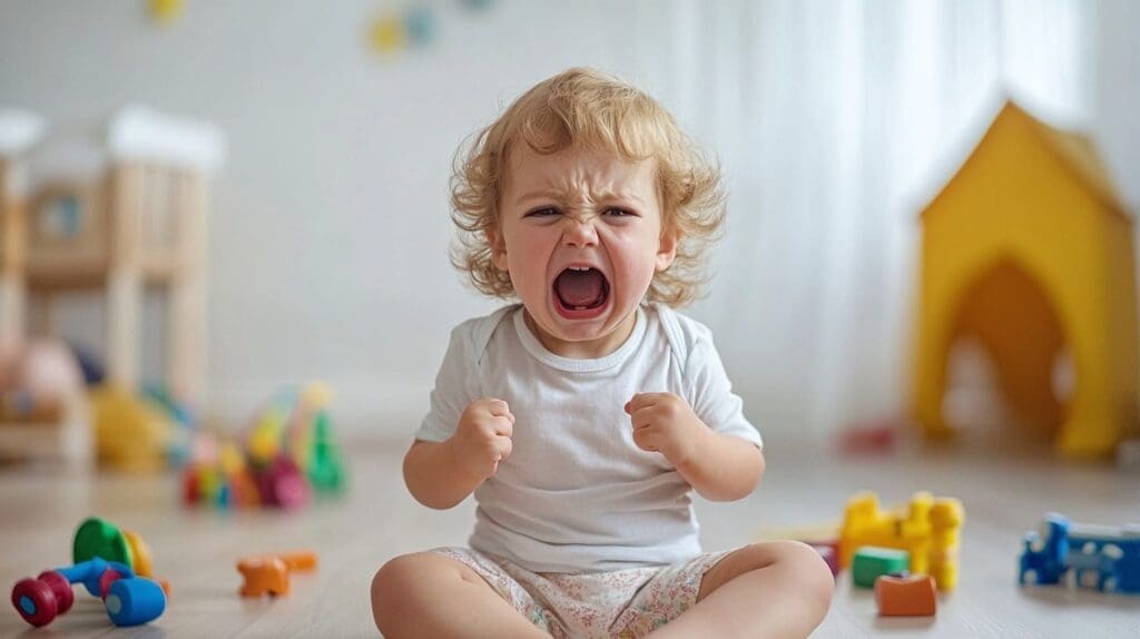 A young child sits on the floor, clenching fists and crying, surrounded by scattered colorful toys in a bright room - How to Handle Tantrums When Nothing Works