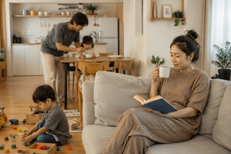 A woman sits on a sofa reading a book and holding a mug, while a man and two children play and do activities in a living room and kitchen area - Everyday Parenting Challenges