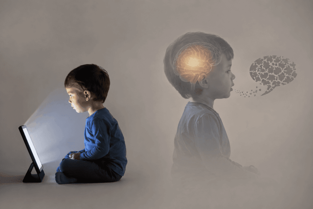 A young child sits in front of a tablet, with an illustration showing brain activity and a speech bubble made of puzzle pieces - Can Screen Time Cause Speech Delay in Toddlers?