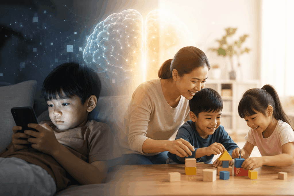 Split image: On the left, a boy uses a smartphone in a dark setting with a digital brain overlay. On the right, a woman and two children play with blocks in a brightly lit room - How to Reduce Screen Time for Kids