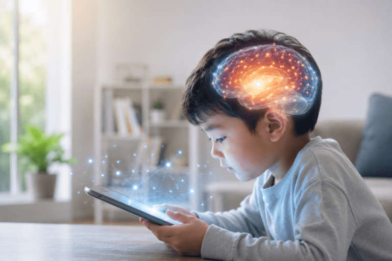 A young boy using a tablet with a digital illustration of an active brain and neural connections superimposed over his head, highlighting how screens affect child brain development - How Screens Affect Child Brain