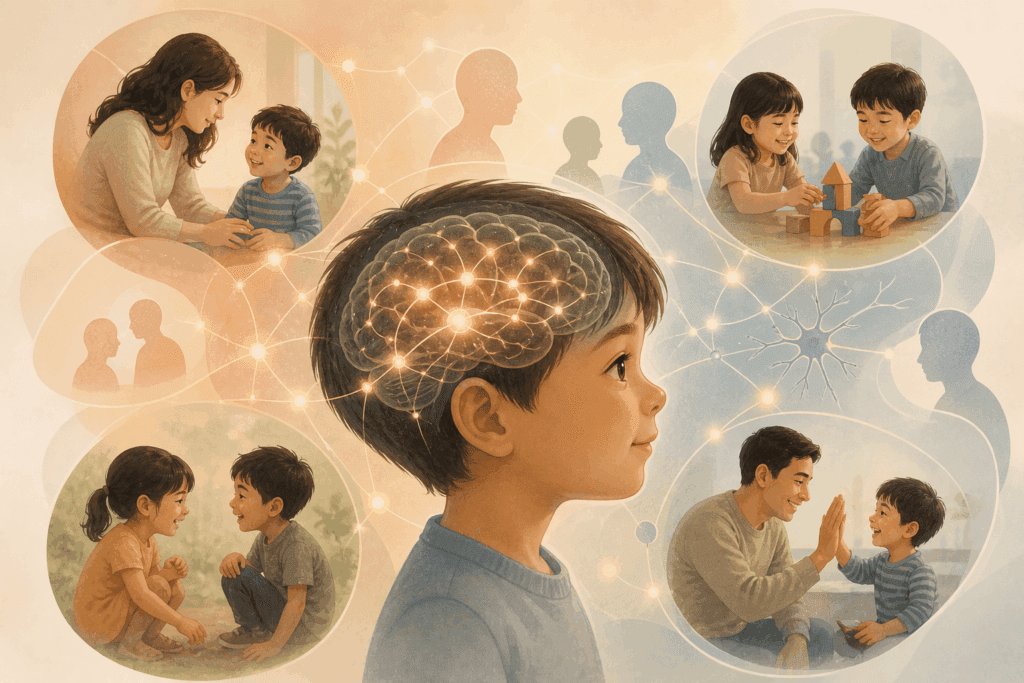 Illustration of a young boy with an illuminated brain, surrounded by scenes of social interactions with adults and children, symbolizing childhood brain development and learning - Child Social Emotional Development: Quick Parent Checklist 
