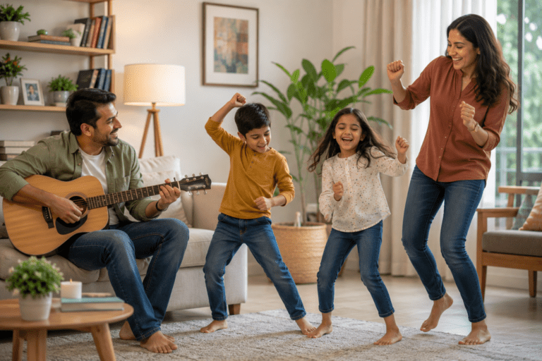 A man plays guitar while a woman and two children dance and smile together in a living room - How to Reduce Screen Time for Kids