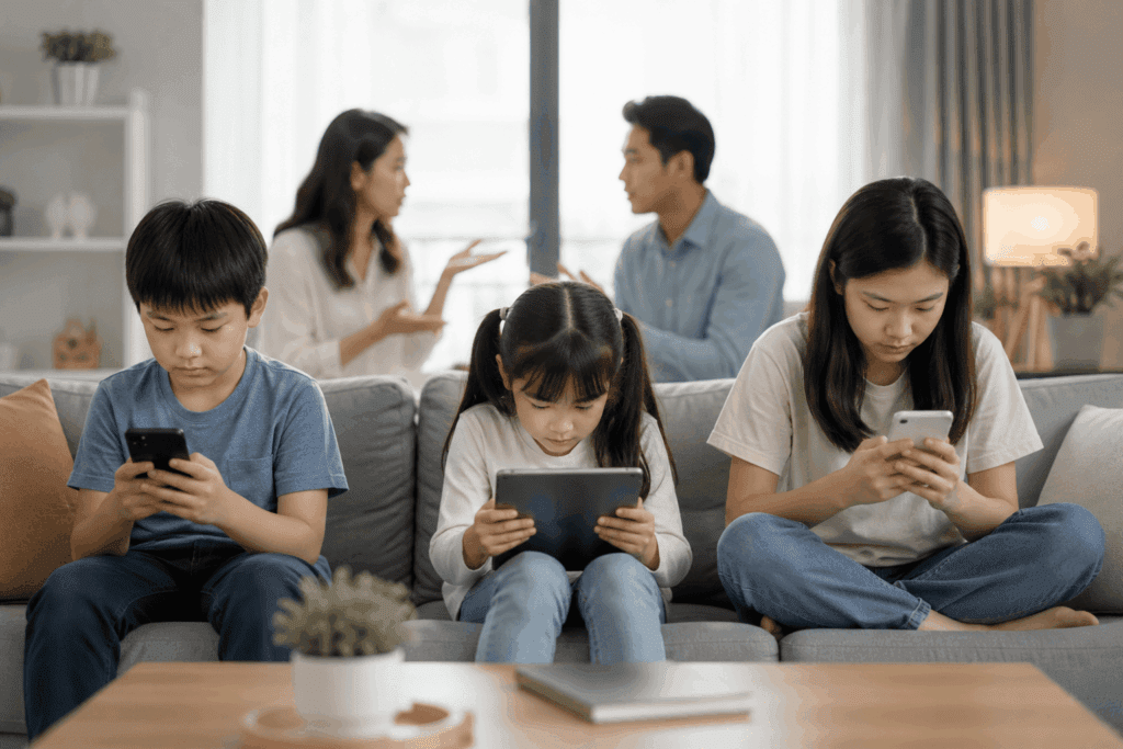 Three children sit on a couch using electronic devices—an everyday scene that sparks questions about how screens affect child brain development—as two adults in the background sit at a table, engaged in discussion How Screens Affect Child Brain