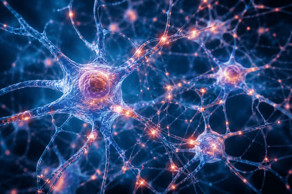 Digital illustration of interconnected neurons with glowing synapses, hinting at how screens affect child brain development, shows a network of nerve cells against a dark blue background - How Screens Affect Child Brain