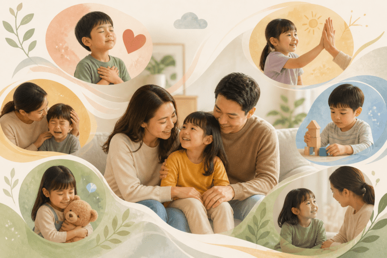 A family of four, two parents and two children, sit together smiling in the center, surrounded by scenes of the children playing, hugging, and interacting with each other and their parents - Child Social Emotional Development: Quick Parent Checklist