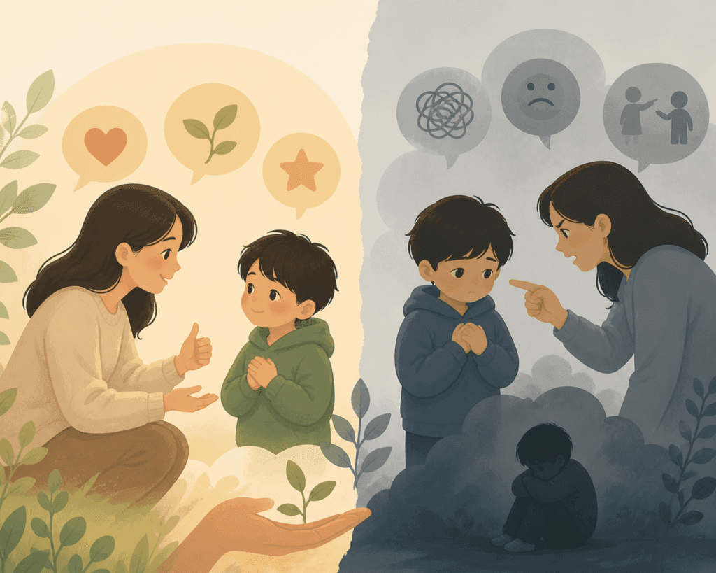 Illustration showing two scenes: on the left, a woman encourages a child with positive speech; on the right, she scolds the child, who appears sad and withdrawn - How to Help a Shy Child Without Pushing Too Hard 