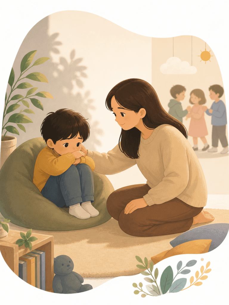 A woman comforts a sad boy sitting on a bean bag in a cozy room, while three children talk together in the background - How to Help a Shy Child Without Pushing Too Hard