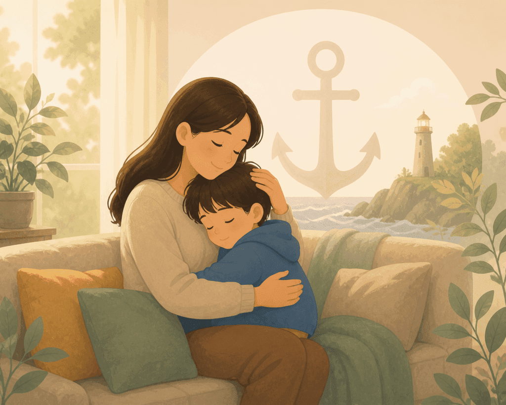 A woman sits on a couch, gently hugging a child. Behind them is a window showing an anchor symbol and a lighthouse by the sea. The scene is calm and softly lit - How to Help a Shy Child Without Pushing Too Hard 