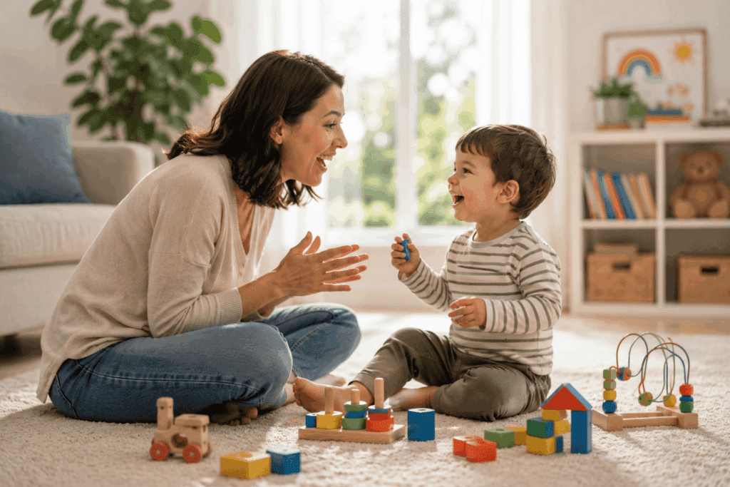 A woman and a young child sit on a carpeted floor, smiling and playing with colorful wooden toys in a living room - Can Screen Time Cause Speech Delay in Toddlers?