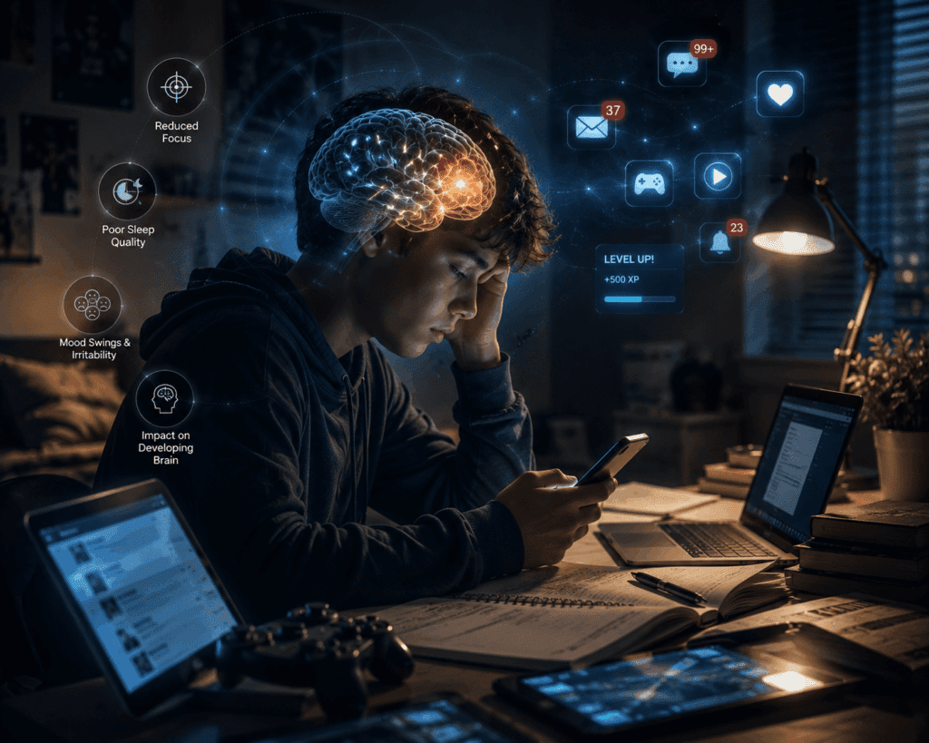 Teenager using a smartphone at a cluttered desk, surrounded by digital notifications and brain graphics illustrating screen time effects on children’s mental health and cognitive function - Effects of Screen Time on Children: Impact on Brain, Behavior, and Health