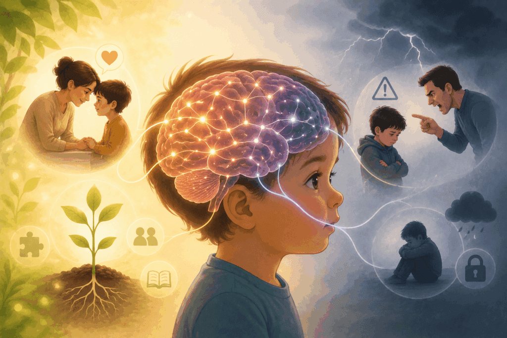 A child with an illuminated brain is surrounded by images depicting positive support, learning, and growth on one side, and stress, scolding, and sadness on the other - Positive Discipline vs Punishment: Key Differences and Which Is Better for Children