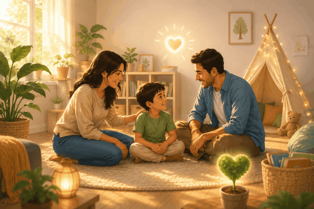 A smiling family of three sits on the floor of a cozy, sunlit living room, surrounded by plants and soft lighting, with a glowing heart drawn above them - Positive Discipline vs Punishment: Key Differences and Which Is Better for Children