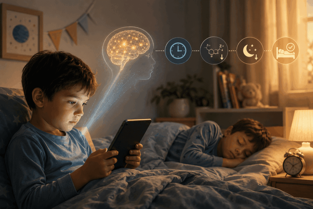 A boy in bed uses a tablet while another boy sleeps next to him; digital graphics show the impact of screen use on brain and sleep - How Screen Time Affects Sleep Quality