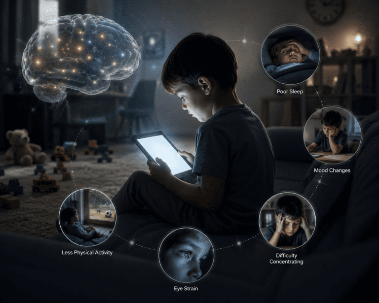 A young boy uses a tablet in a dimly lit room, surrounded by graphics illustrating screen time effects on children, including poor sleep, mood changes, less activity, eye strain, and difficulty concentrating - Effects of Screen Time on Children: Impact on Brain, Behavior, and Health