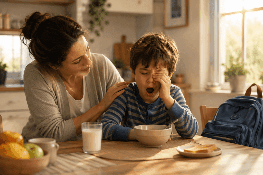 A woman comforts a tired boy who is yawning at the breakfast table with a bowl, glass of milk, and backpack nearby - How Screen Time Affects Sleep Quality